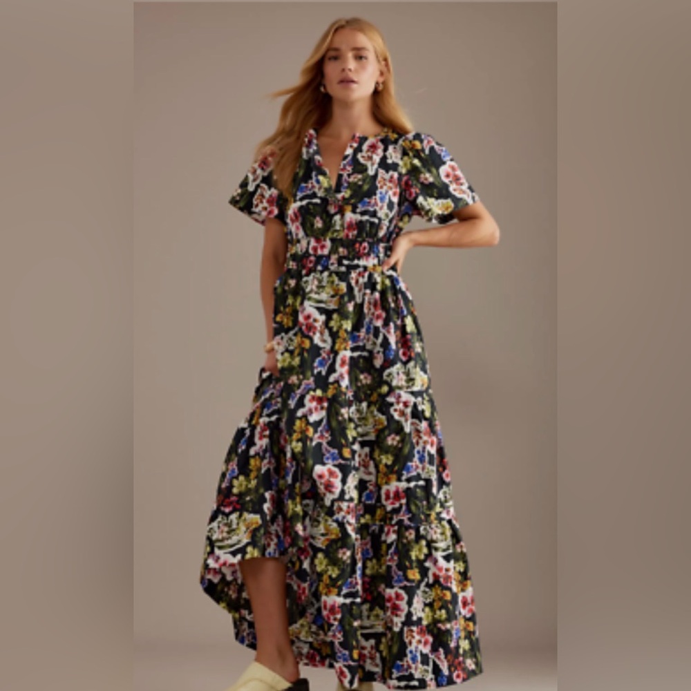 Anthropologie Somerset Smocked Waist Tiered Maxi Dress - Black Floral